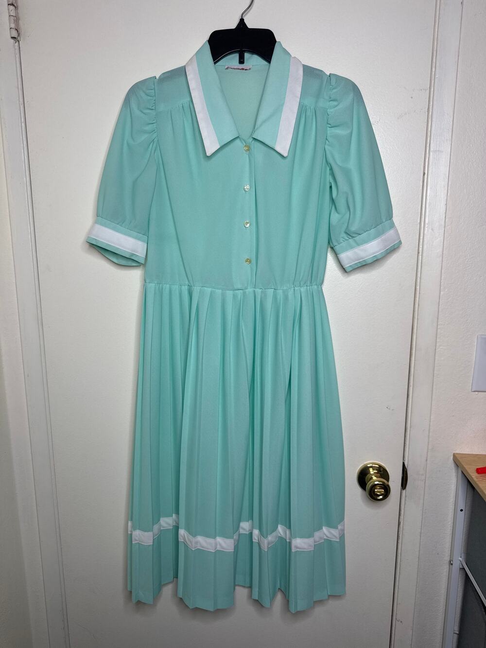 70s Vintage Secretary Day Dress- Mint Green Pleated Shirt Dress w/  Dagger